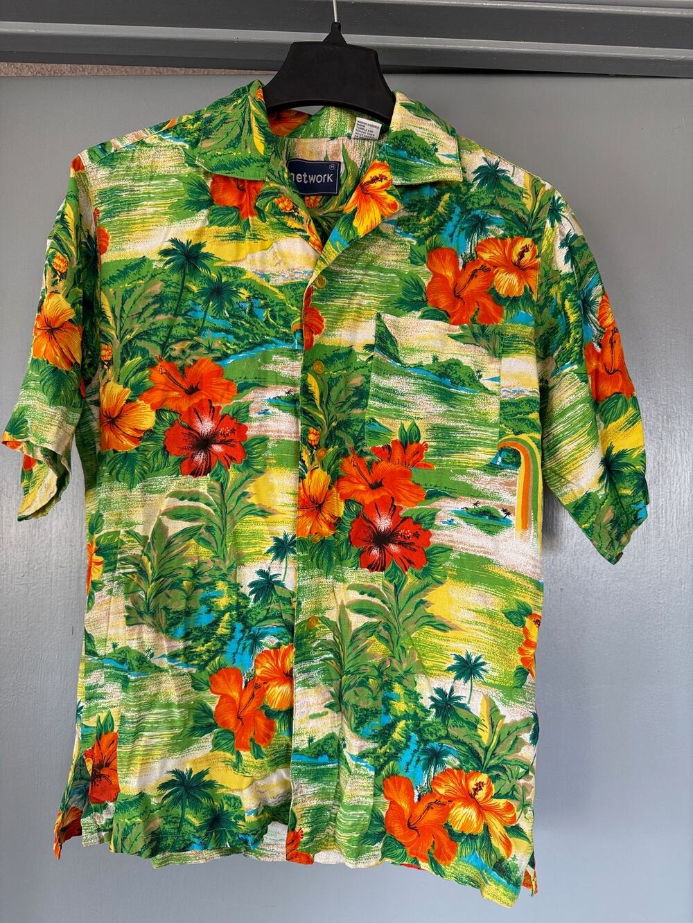 Mens Short Sleeved Button Shirt Green Orange Floral Hawaiian sz M Pocket
